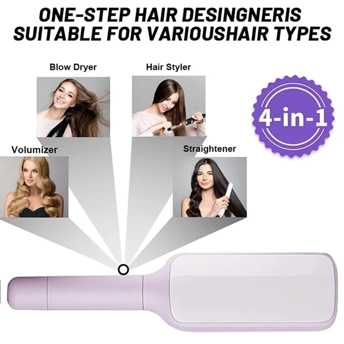 Self-cleaning hairbrush with rotating handle in Roland purple colour showing anti-static teeth and massage comb function