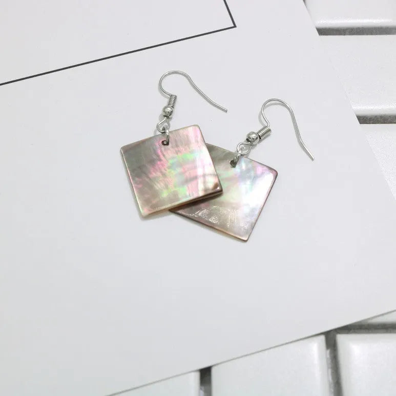 Women's geometric shell earrings in square or rectangular designs with natural patterning