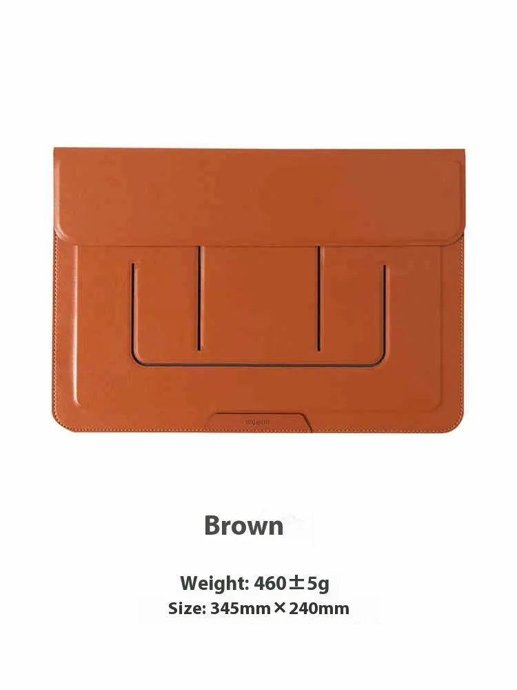 Brown 13.3-inch laptop bracket bag with integrated dual-angle stand open on a desk