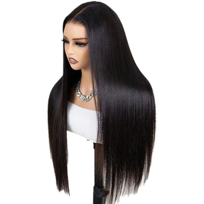Straight black human hair lace front wig with a 13x6 inch hand-woven frontal on a mannequin head