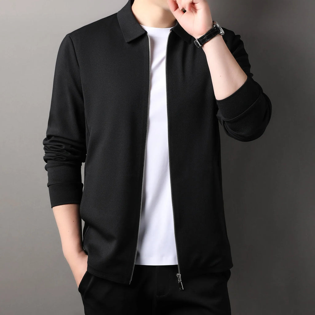 Men's straight hem polyester jacket in apricot, black, or dark grey on a size chart
