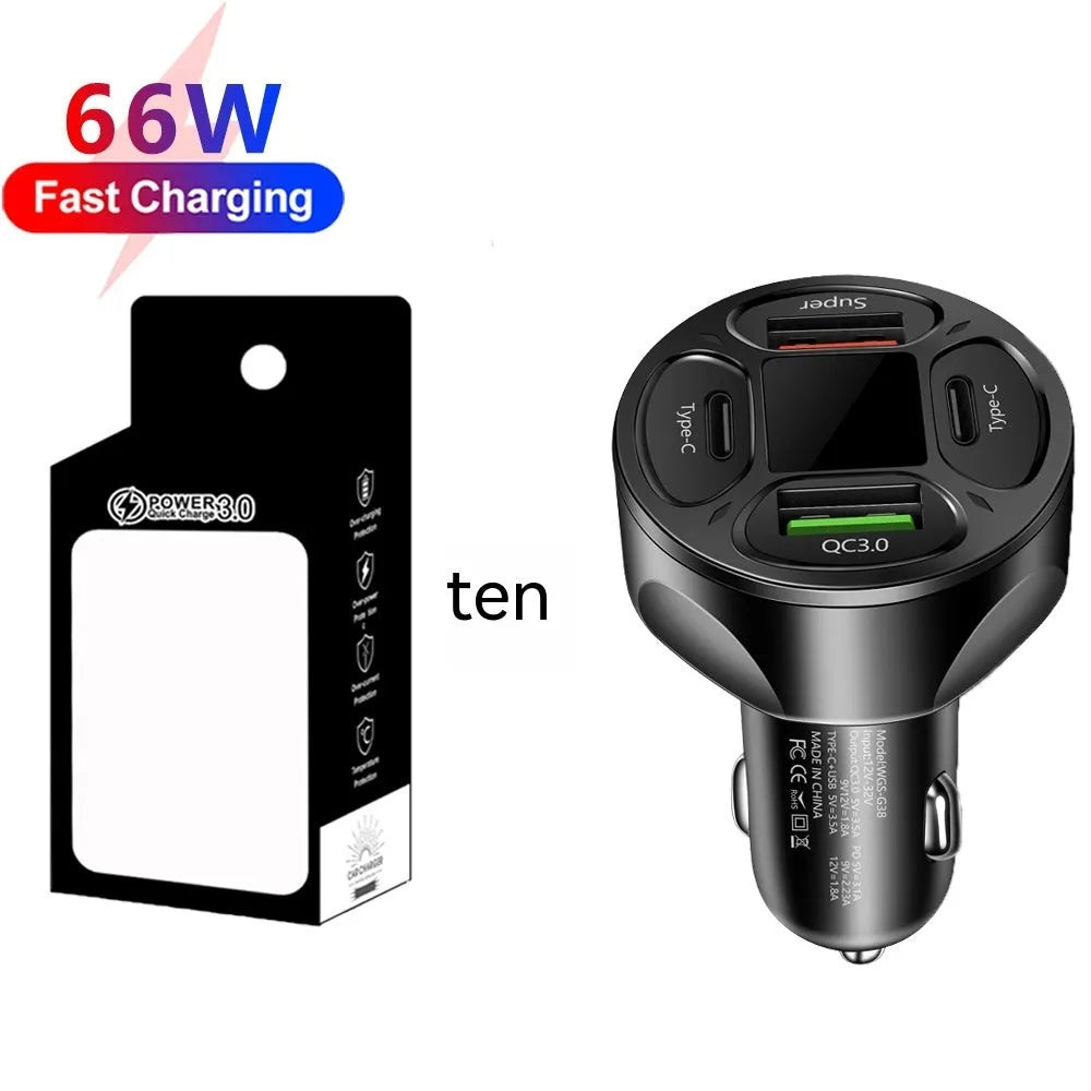 66W black car charger with digital display, two USB ports and two Type-C ports