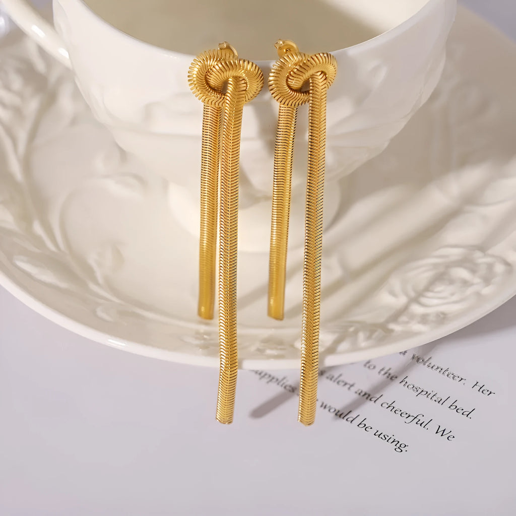 Gold knotted tassel pendant on snake chain necklace with matching earrings set