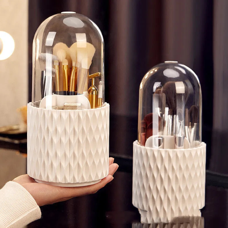 White rotating acrylic makeup brush storage box with transparent cover and split compartments