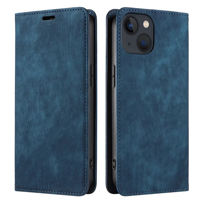 Magnetic flip phone case for iPhone in TPU and leather construction showing black colour option