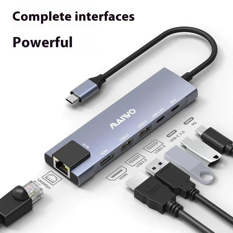Aluminium Steam Deck six-in-one docking station with Type-C cable, HDMI, Ethernet, and USB ports.