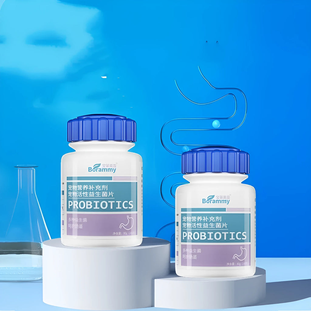 Bottle of 180 pet probiotic tablets for dog and cat digestive health support