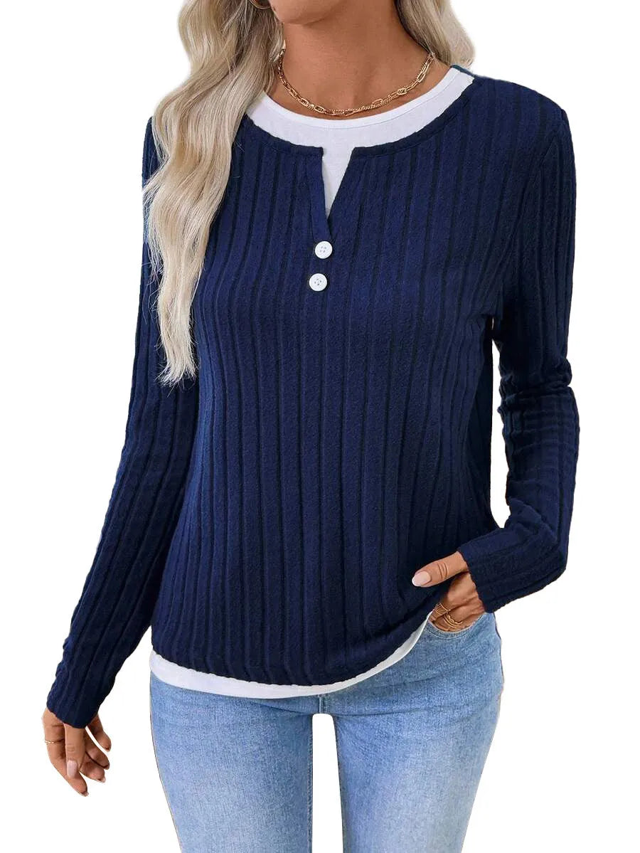 Women's fake two-piece pullover sweater with concave stripe polyester fabric and grinding texture pattern