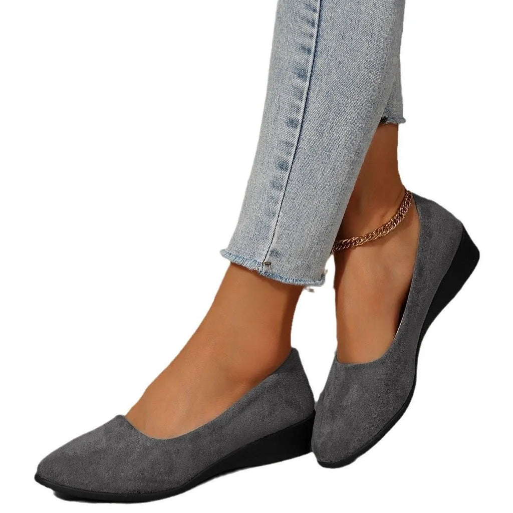 Women's suede wedge pumps with pointed toe and low rubber heel in five colour options
