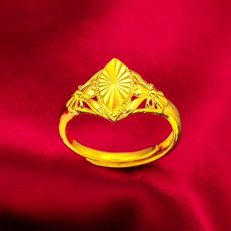 Gold electroplated brass ring with open diamond flower design and alluvial texture pattern