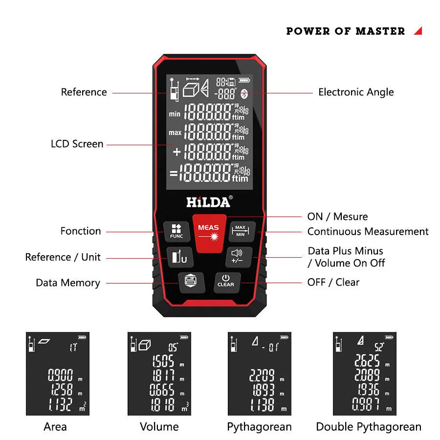 Handheld black laser rangefinder with digital display for measuring distances up to 120 metres.