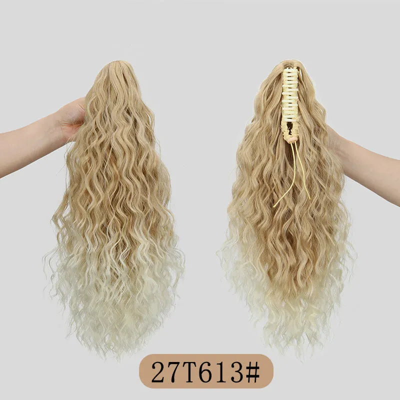 Synthetic corn curler wig with a textured water ripple grip ponytail, shown in a dark brown colour.
