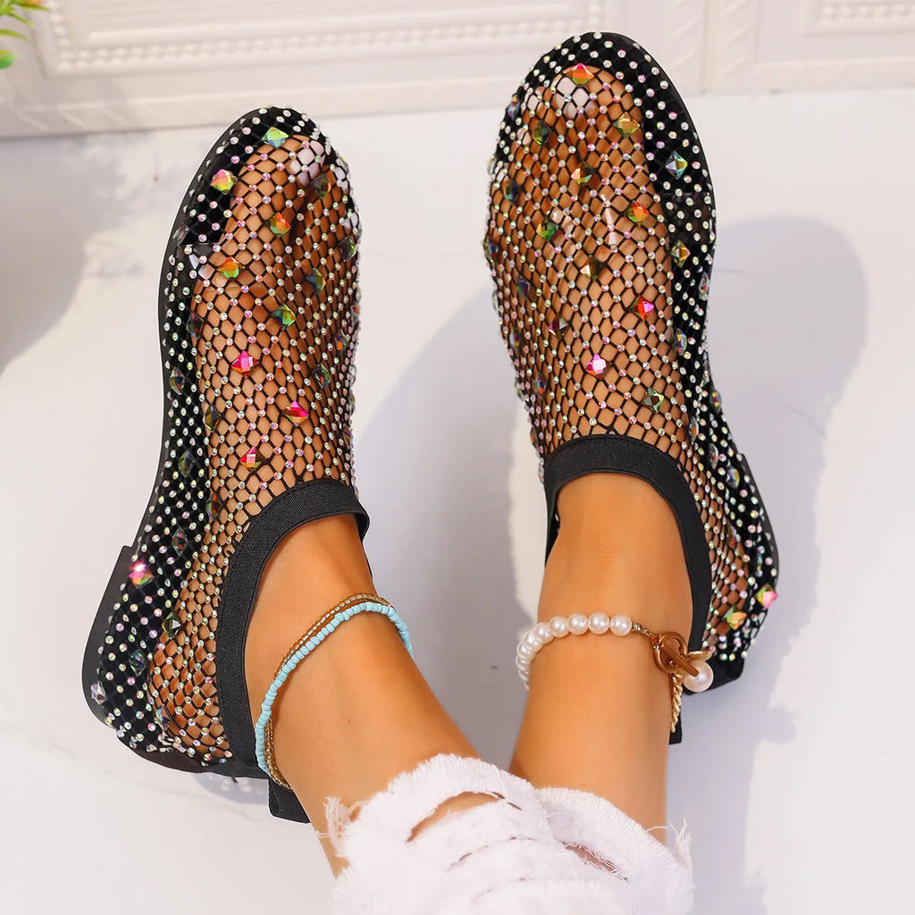 Women's flat sandals with mesh upper and colourful rhinestone decoration, round toe design with rubber sole