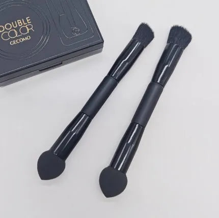 Double-headed concealer brush with black wooden handle and a miter sponge