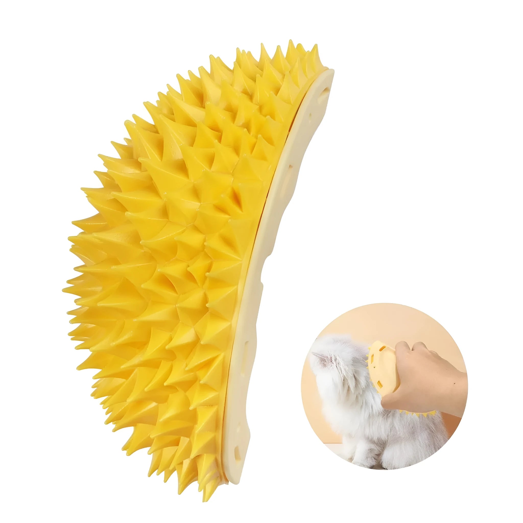 Yellow durian-shaped cat corner scratcher with massage comb texture mounted on a wall.