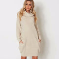 Women's light apricot lapel collar sweater with side pockets, loose slimming mid-length fit.