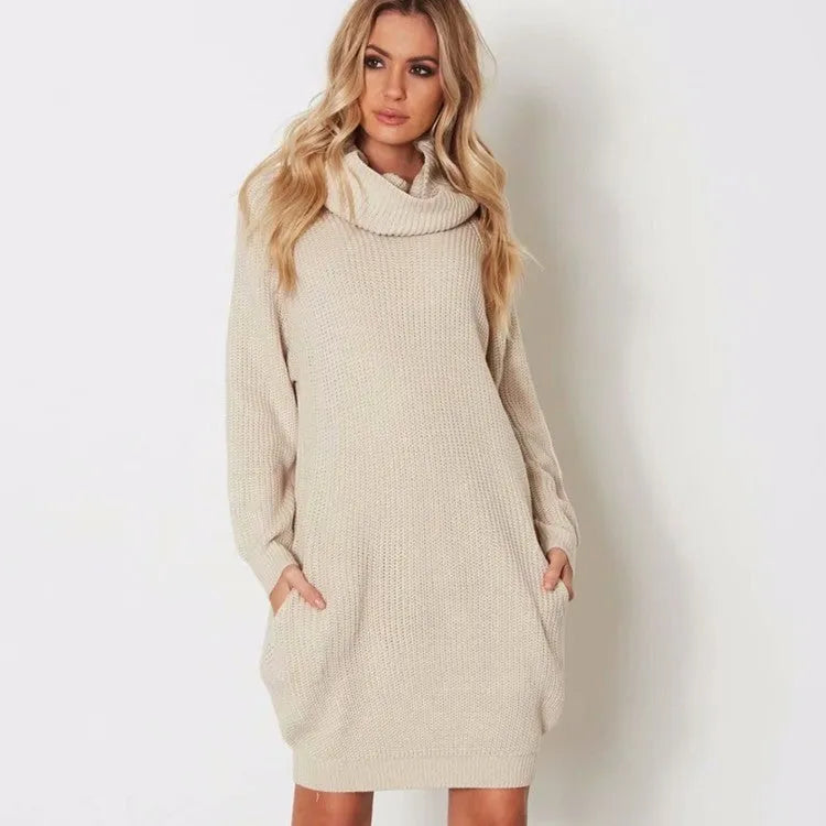 Women's light apricot lapel collar sweater with side pockets, loose slimming mid-length fit.