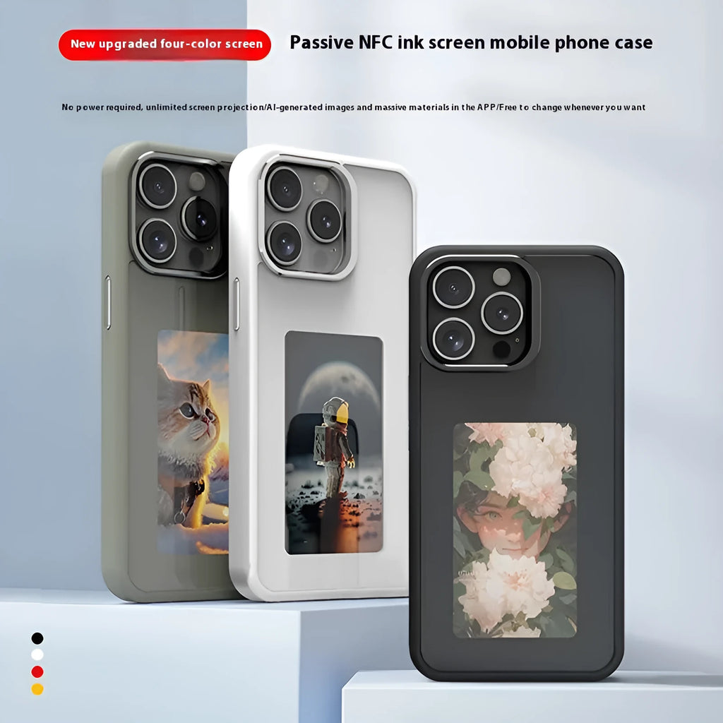 Graphite black NFC projection screen phone case with E-ink display and integrated bracket for Apple iPhone.