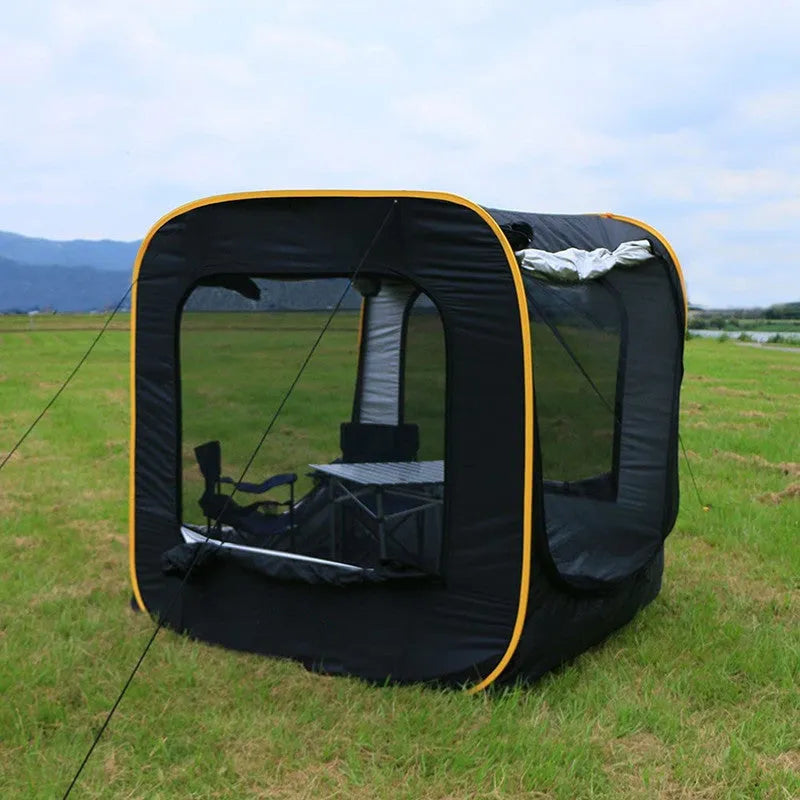 Black pop-up car tail tent with unfolded dimensions of 200cm cubed and waterproof Oxford cloth construction