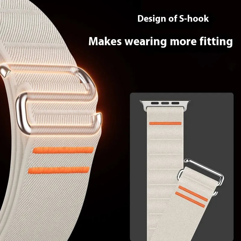 Elastic nylon watchband with stainless steel buckle for Apple Watch in multiple colour options.