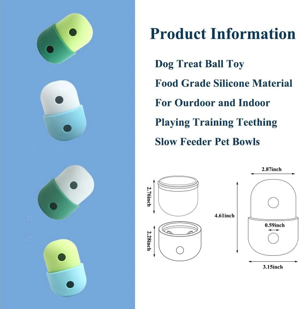White and blue food grade silicone dog treat puzzle ball measuring 8x11cm