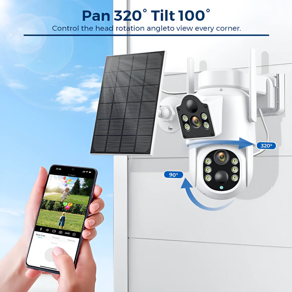 Outdoor solar-powered wireless wifi security camera with 4MP HD resolution and night vision