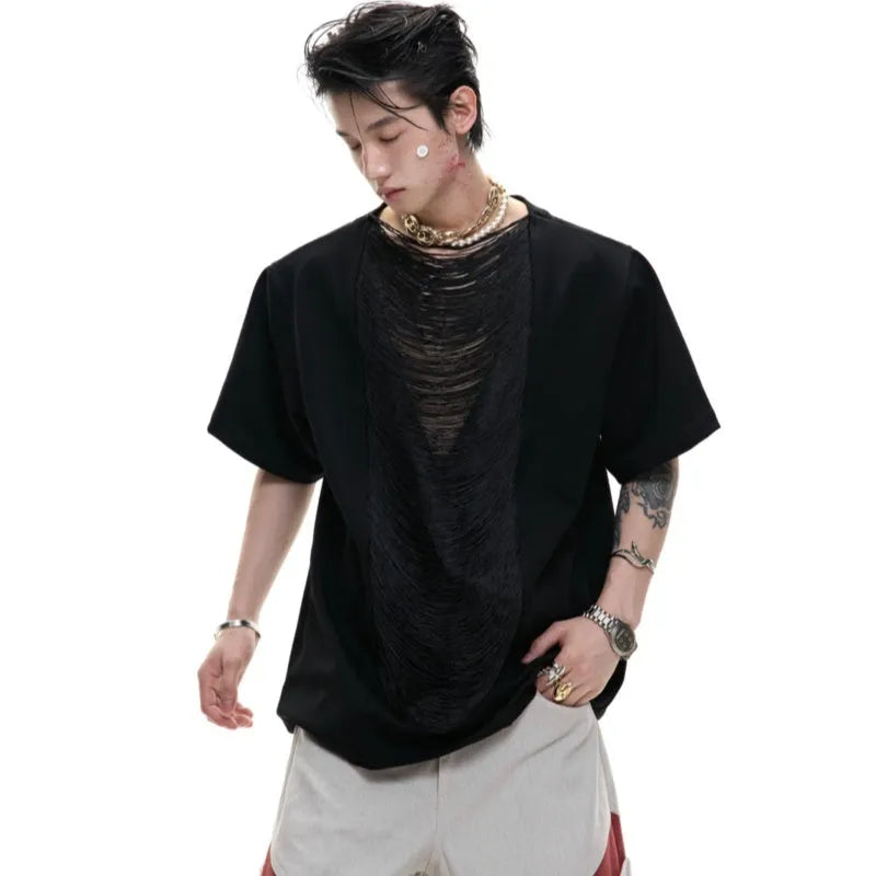 Men's drum black V-neck loose fit t-shirt with short sleeves and tassel detail