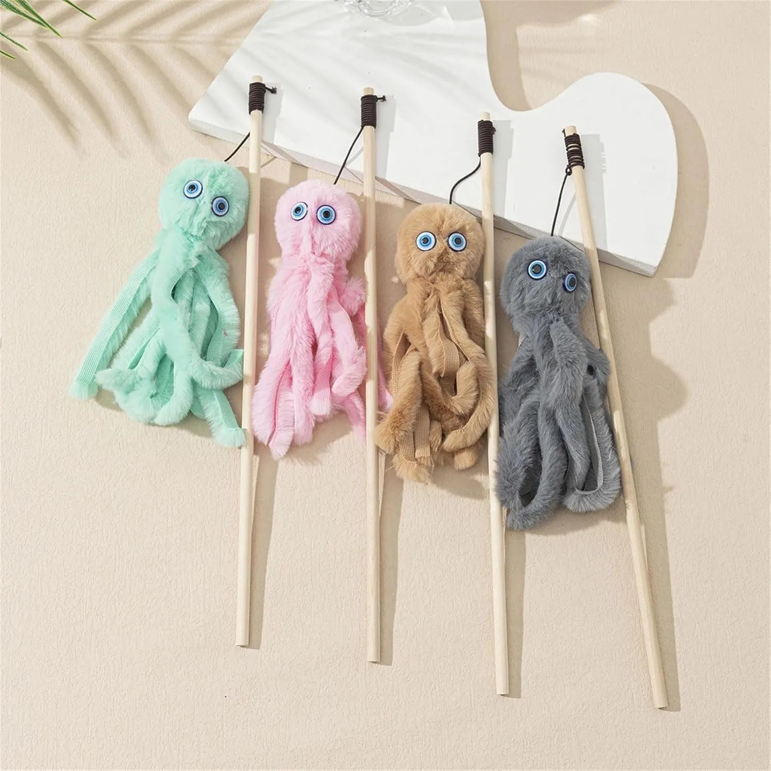 Octopus cat toy on long stick in grey pink purple red colours for indoor kittens
