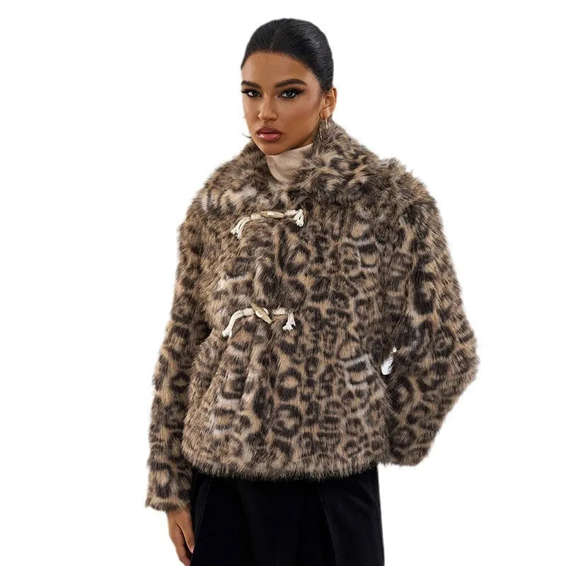 Women's leopard print coat with buckle lapel detailing in street fashion style