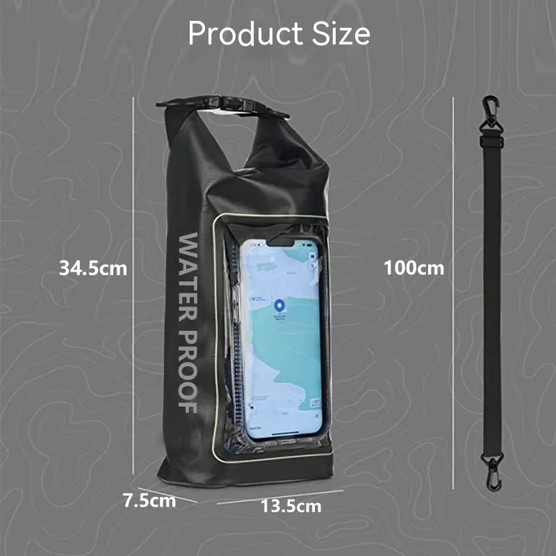 Waterproof crossbody dry bag for mobile phones in multiple colours, shown in 2L and 5L sizes.