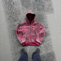 Men's blue hooded zip-up casual coat with loose fit and digital printing design