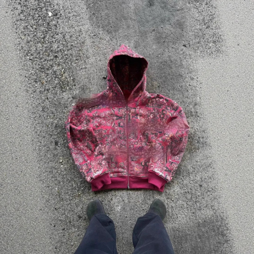 Men's blue hooded zip-up casual coat with loose fit and digital printing design