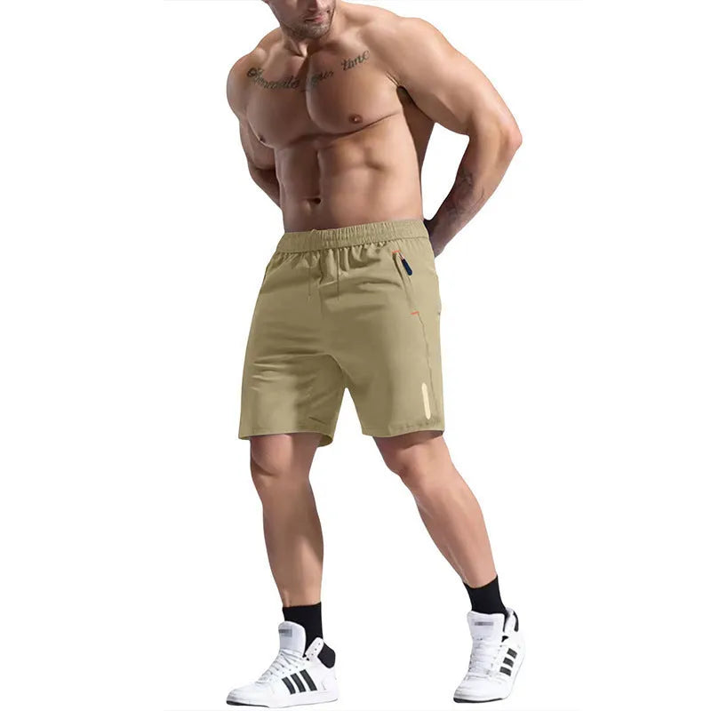 Men's grey bamboo blend sports shorts with elastic drawstring waist on a plain background.