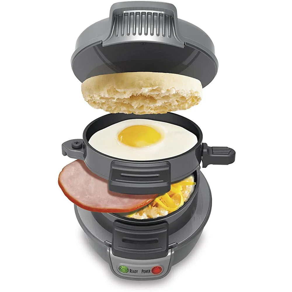 Household breakfast sandwich maker with egg cooking ring in red, orange, or silver grey colours