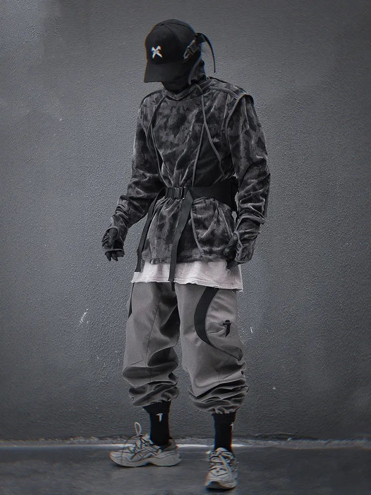 Men's black and grey tie-dye printed turtleneck sweater with drop-shoulder sleeves and loose casual fit