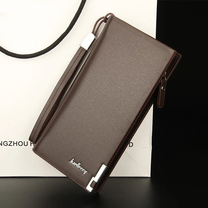 Men's black PU leather long wallet with zipper closure showing multiple card slots