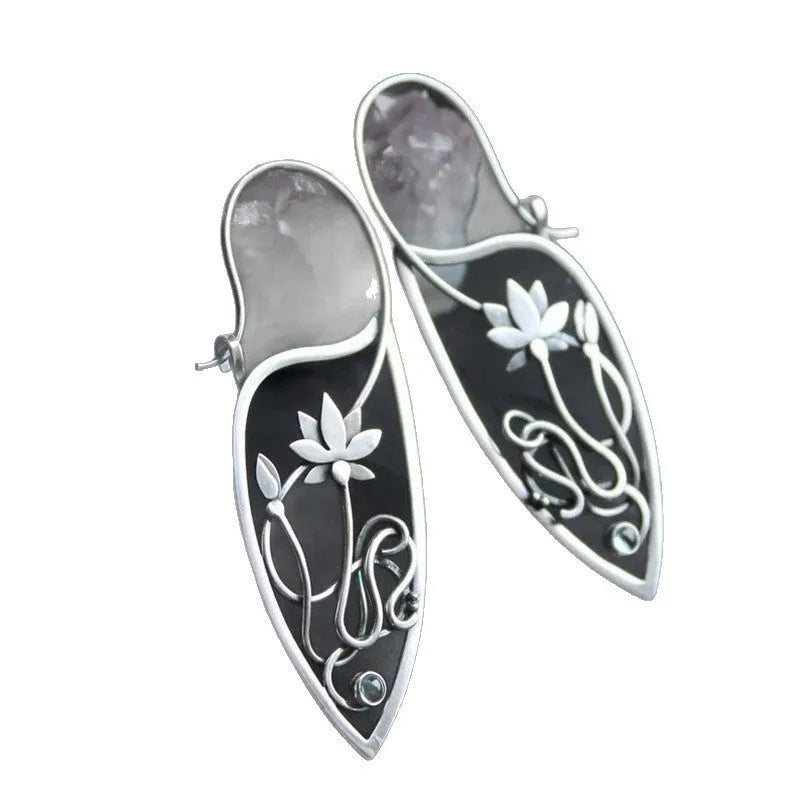 Silver lotus vine design rhinestone earrings with floral geometric pattern
