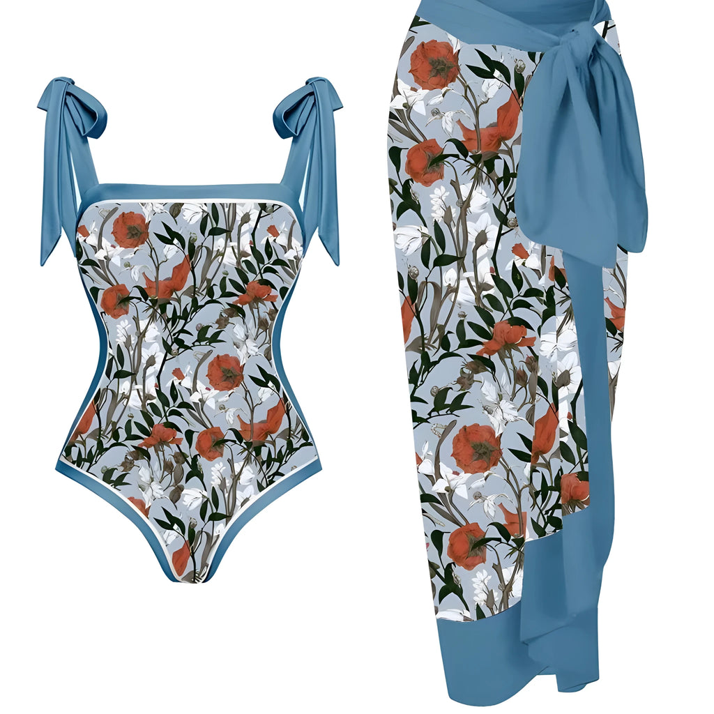 Women's printed chiffon two-piece swimsuit with matching skirt in floral pattern