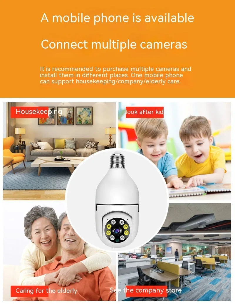 White wireless bulb security camera with lens, shown next to a ruler indicating 5cm width and 12cm height.