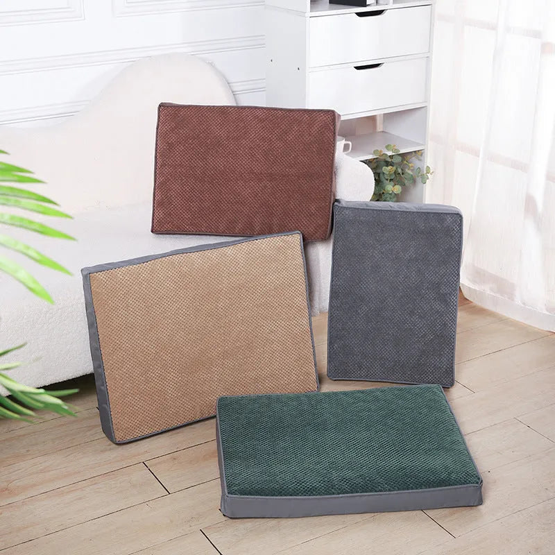 Pet memory foam mat with removable cover in Coffee, GRAY, Green, or Khaki, available in S, M, L, and XL sizes