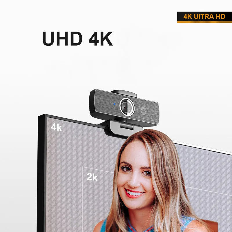 Black 8 MP USB webcam with attached magnetic privacy cover on its lens