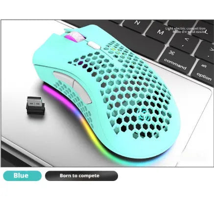 Hollow out wireless gaming mouse with luminous charging in black, cyan, and white colour options