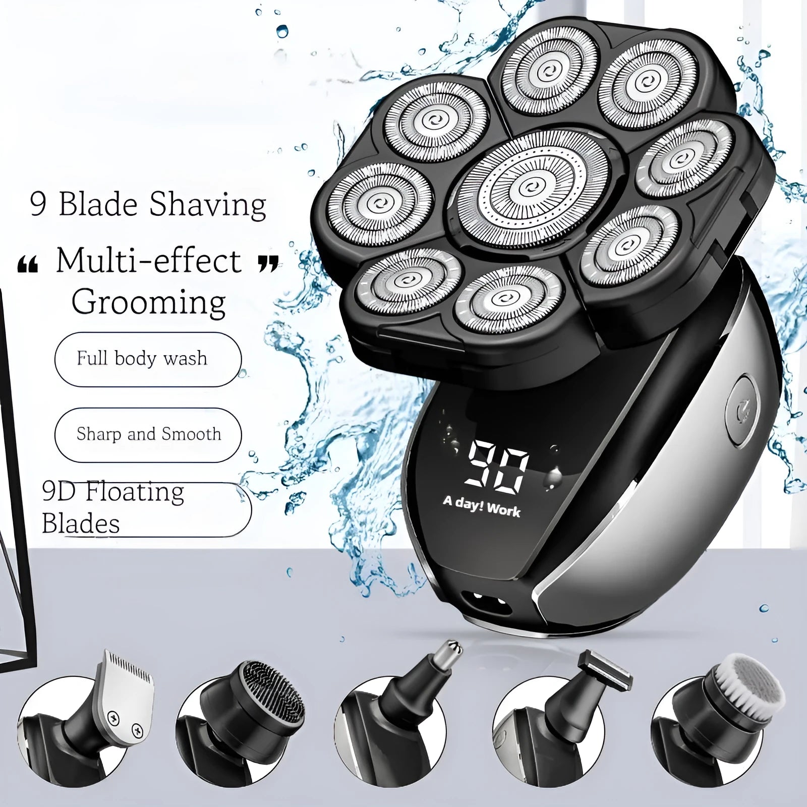 Black rechargeable hair clippers kit with multiple attachments including shaver, nose trimmer, and cleansing brush on a table.