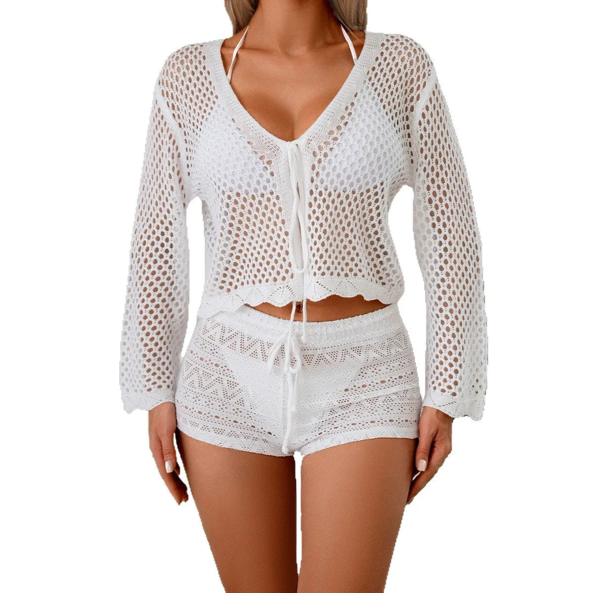 Hollow woven women's cardigan blouse with bell sleeves in imitation cotton fabric