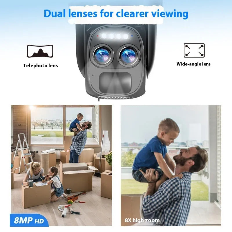 Solar powered outdoor security camera with 8x zoom lens and weather-resistant housing for continuous surveillance