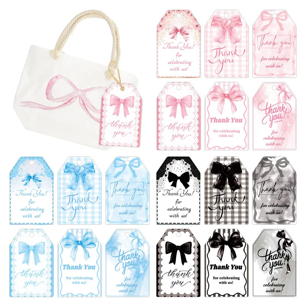Birthday party gift tags with bowknot designs and natural hemp rope ties