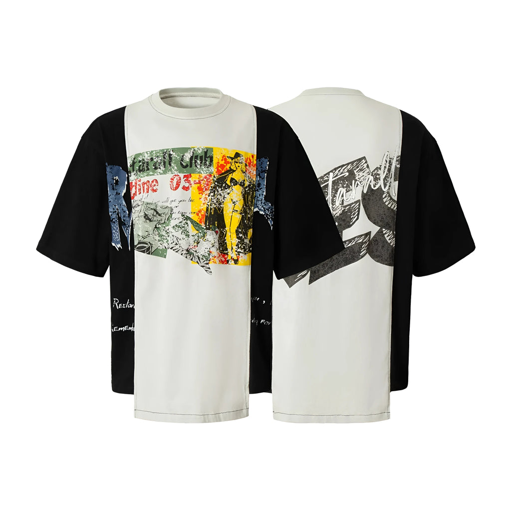 Black and white stitched deconstruction print cotton blend T-shirt with loose streetwear styling