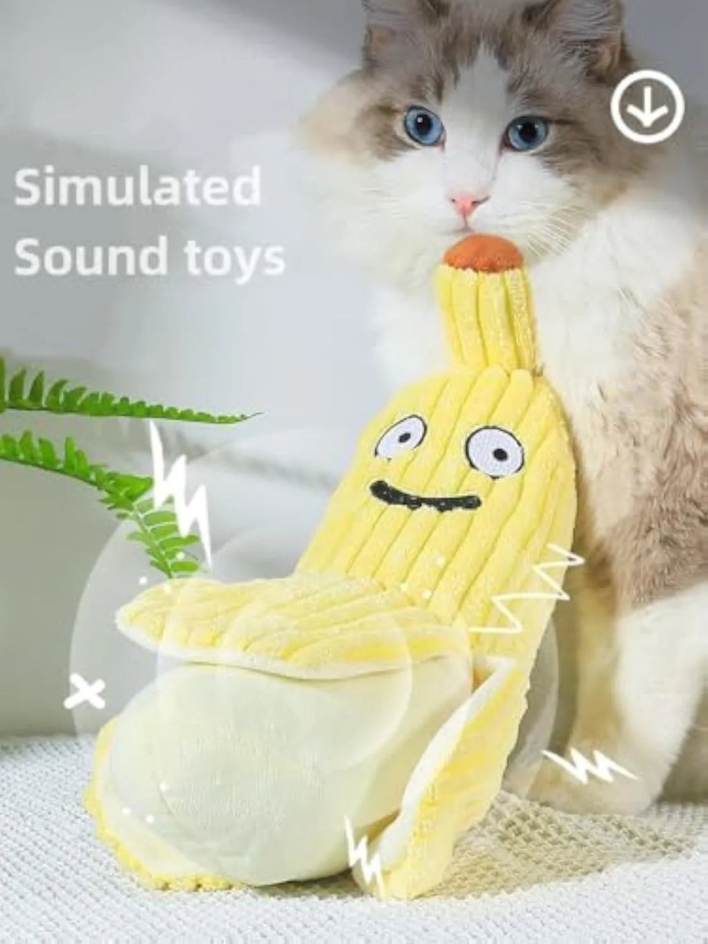 Yellow banana-shaped cat toy measuring 13 inches with plush fabric and crinkle paper sound feature