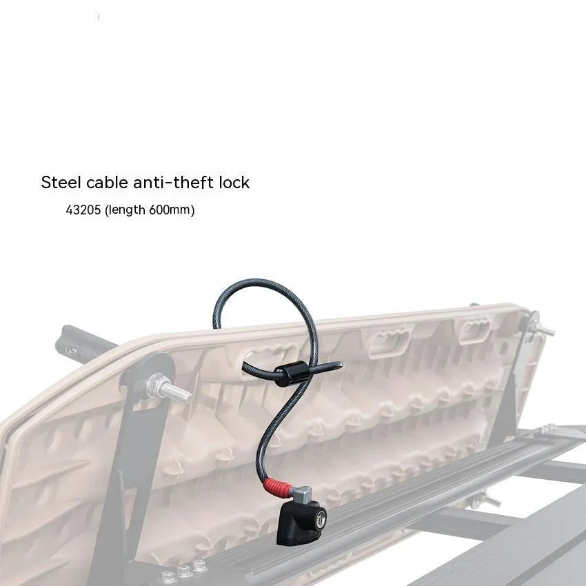 Plastic-sheathed steel cable lock for roof platform securing kayak and ladder