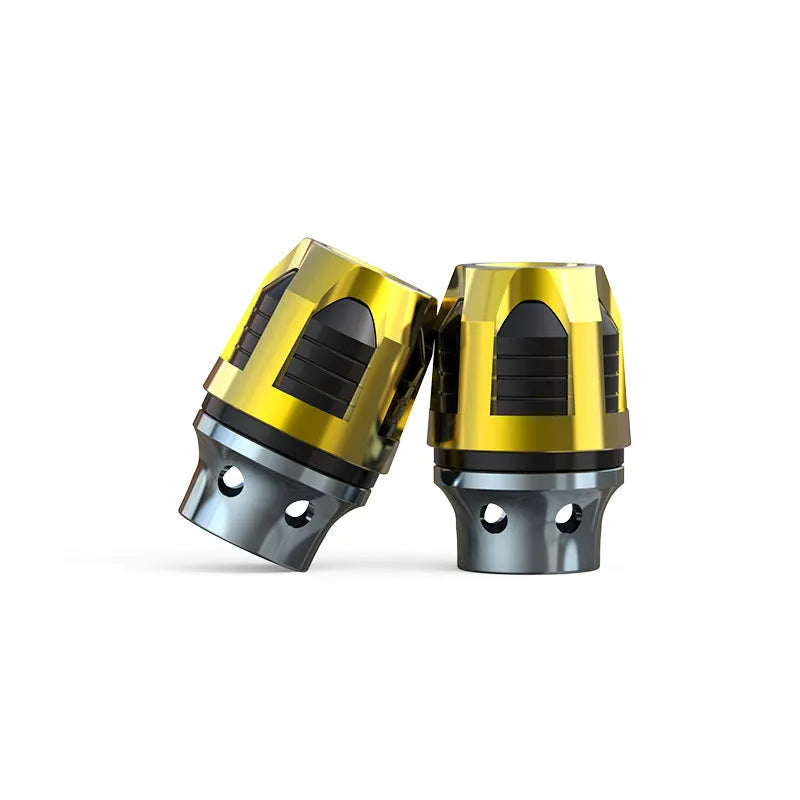Pair of CNC-machined aluminium alloy fork cups for electric car or motorcycle front axle.